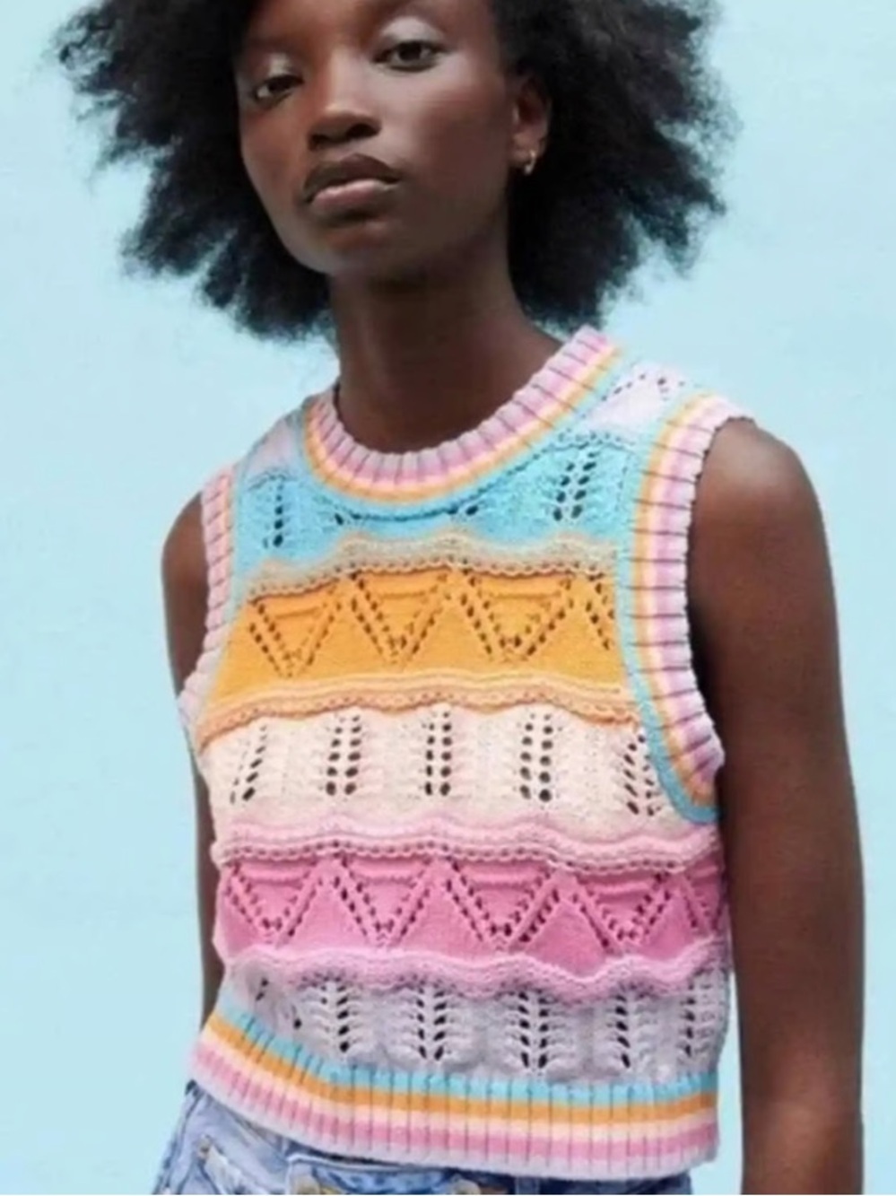 ZARA Multicolored Knit Crochet Tank Top Sz M